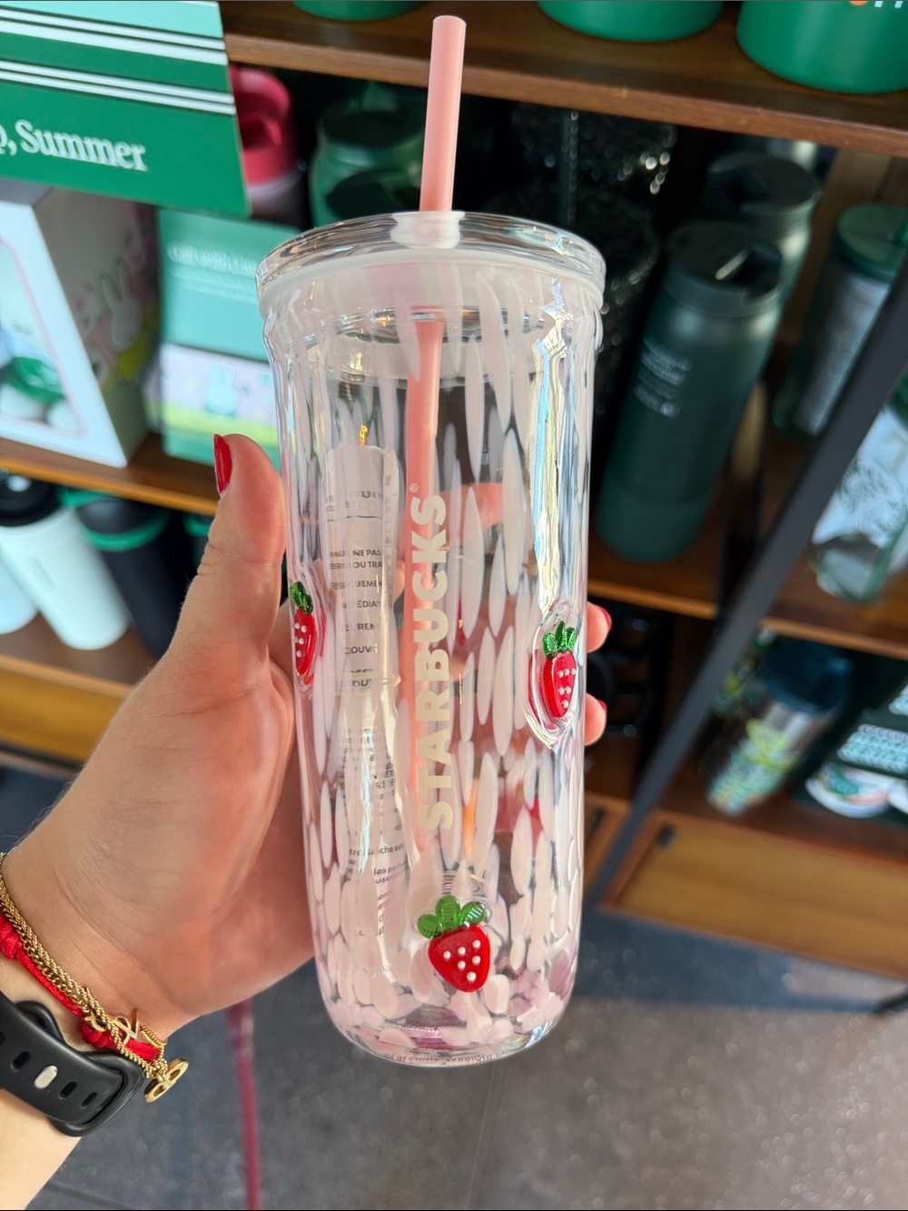 Starbucks Glass Clear Pink Strawberry Tumbler with Straw